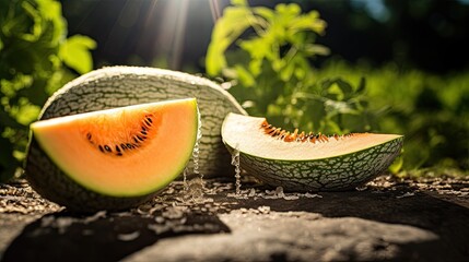 Fresh melon slice on the field with light exposure AI Generative - obrazy, fototapety, plakaty