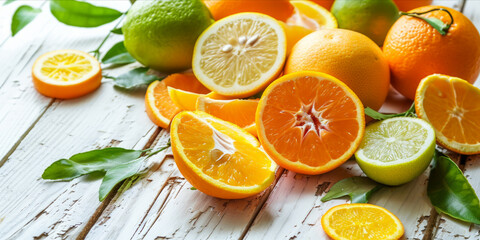 Bright citrus fruits sliced on a distressed white wood background. web banner design
