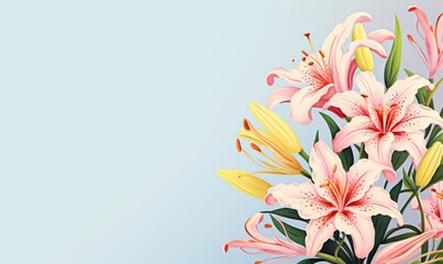 Spring flowers lily. Bouquet of flowers on pastel background. Valentine's Day, Easter, Birthday, Happy Women's Day, Mother's Day. Flat lay, top view, copy space for text