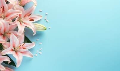 Spring flowers lily. Bouquet of flowers on pastel background. Valentine's Day, Easter, Birthday, Happy Women's Day, Mother's Day. Flat lay, top view, copy space for text