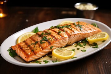 Grilled salmon with lemon butter sauce.