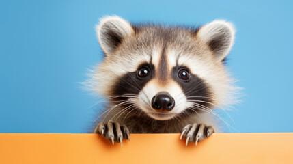 A curious raccoon peeks over an orange edge against a blue background.