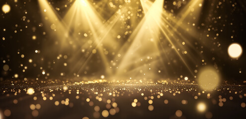 Stage light and golden glitter lights on floor. Golden bokeh spotlights in a concert. Abstract golden festive background for display your product. Spotlight realistic ray