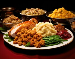 A festive Thanksgiving plate with turkey, mashed potatoes, and green beans. Generative AI.