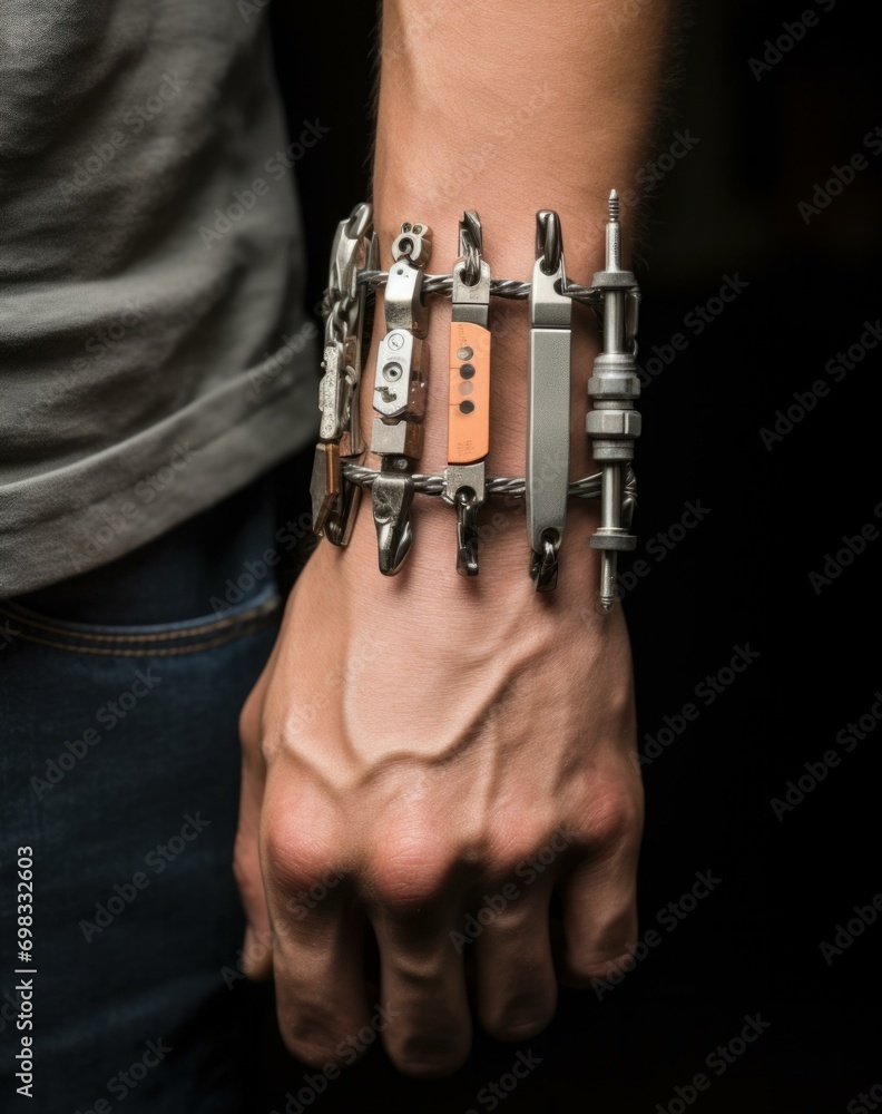 Poster a man wearing a bracelet with several different types of tools. generative ai.