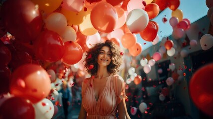woman in the street happy with surrounded by  balloons