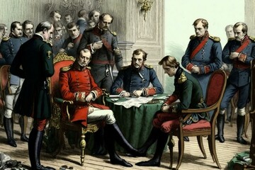 Napoleon and council members during coup. 1890 illustration. Generative AI