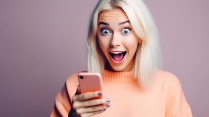 beautiful woman exited surprise face expression . female feels shocked. exciting smile and happy adorable rejoices. Very enjoy and fun relax time. wow, girl holding smartphone. Smile. - obrazy, fototapety, plakaty
