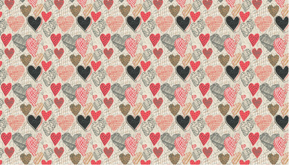 retro pop hand drawn watercolor, heart shaped seamless pattern for valentine's day, vector graphic resources, 16:9 widescreen wallpaper / backdrop, 