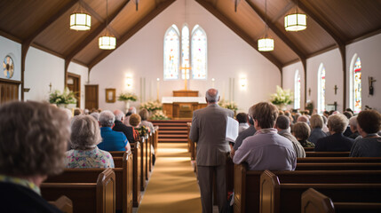 An Easter Sunday church service with a choir singing and congregation participating. - obrazy, fototapety, plakaty