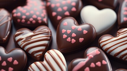 Assorted chocolate heart candies for Valentine's Day. Seasonal confectionery.