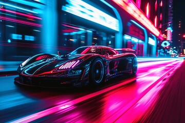 Fototapeta premium A low angle view of a fast driving sports car with neon lights on a city road at night.