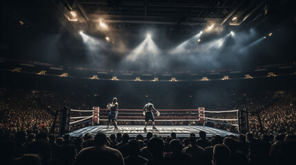 An intense boxing match in a crowded arena. - obrazy, fototapety, plakaty