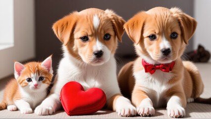 A couple of dogs and a cat sitting next to each other with  a red heart