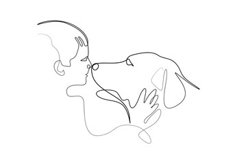 Continuous single line drawing of pet lover and dog. Isolated on white background vector illustration. Pro vector. 