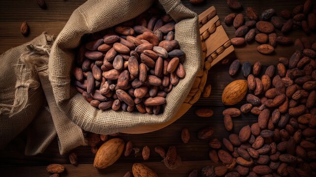 Portrait a sack cocoa bean on the table AI Generative