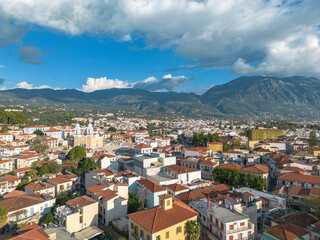 Aerial view over the 23rd of March Square in the old historical center of Kalamata seaside city,...