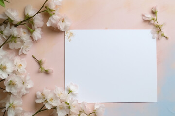 Blank paper and flowers on country background for printable art, paper, stationery and greeting card mockup