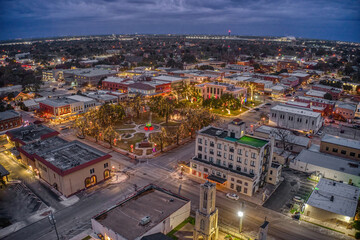 Aerial View of Seguin, Texas at Dusk during the Winter Holiday Season