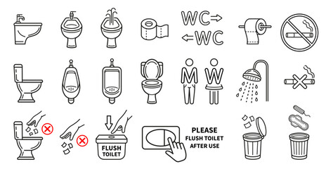 Public toilet WC, man and woman restroom, male urinal, bidet, shower room, bathroom plumbing line icon set. Paper tissue towel roll for body hygiene. Flush water in lavatory. Throw trash in bin vector - obrazy, fototapety, plakaty