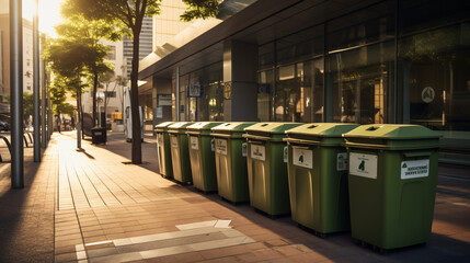 An urban street with multiple recycling bins for different types of waste showcasing effective waste segregation. - obrazy, fototapety, plakaty