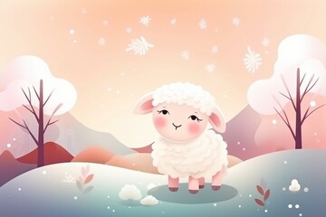 illustration cute clip art child-like design, white sheep in winter season. Generative AI