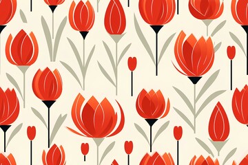 Flowers and leaves background design. Abstract geometric seamless pattern. Decoration floral ornament in retro vintage design style. Red tulip flowers. modern vector artwork. generative AI - obrazy, fototapety, plakaty