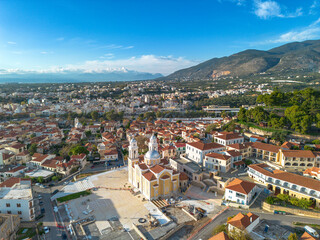 Fototapeta na wymiar Aerial view over the old historical center of Kalamata seaside city, Greece by the Castle of Kalamata.