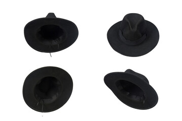 natural black felt hat wide brimmed hat isolated on white background head protection and style - obrazy, fototapety, plakaty