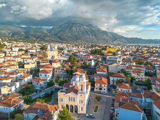 Aerial view over the old historical center of Kalamata seaside city, Greece by the Castle of...