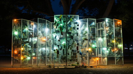 A recycling-themed art installation in a public park made from upcycled materials and designed to inspire eco-consciousness.