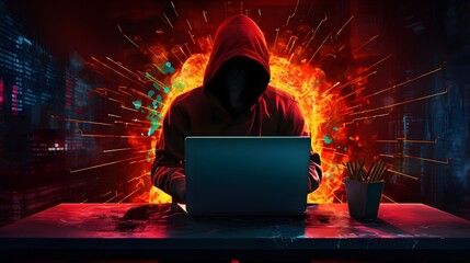 A hooded figure hacking data servers and laptops on the internet while trying to hack vulnerable systems to test cybersecurity and plant a virus or malware, stock illustration image - obrazy, fototapety, plakaty