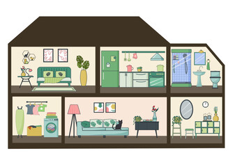 Dollhouse interior concept. Sectional view of a doll house. Furniture for different rooms - living room and bedroom, bathroom and laundry room, hallway and kitchen. For covers and brochures, games for