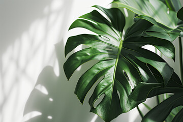 Monstera palm tree with big green leaves next to white wall with natural shadows. AI Generated - Powered by Adobe