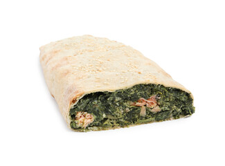 Tasty strudel with salmon and spinach isolated on white