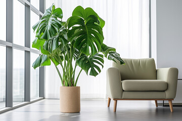 modern living room with plant. Monstera palm tree with big green leaves next to sofa. AI Generated. - obrazy, fototapety, plakaty