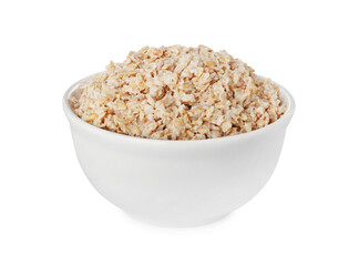 Tasty boiled oatmeal in bowl isolated on white