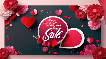 A valentine's day sale banner with hearts and flowers