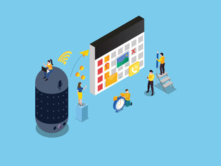 Young people with a huge mic and time schedule isometric 3d vector concept