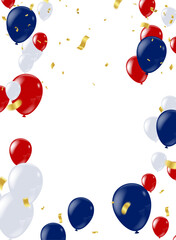 Celebration banner background with  confetti and blue red balloons and joyful mood. Christmas, New Year, birthday or wedding celebration