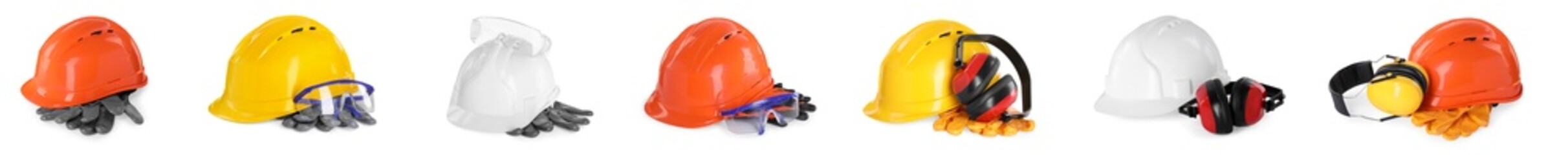 Safety equipment, collection. Hard hats, gloves, protective headphones and goggles isolated on white - obrazy, fototapety, plakaty