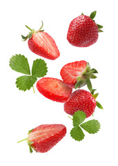 Fresh ripe strawberries and green leaves falling on white background