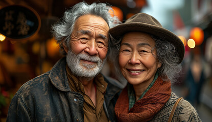 Happy Asian elderly couple. Retirement life together. Relationships and way of life of the elderly