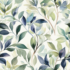Seamless watercolor floral pattern. Green leaves and branches on white background. Design for print wrapping paper, wallpaper, fabric, card, wedding invitation