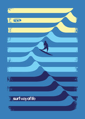 Vector illustration of graphic wave formed by curved stripes with surfer silhouette.