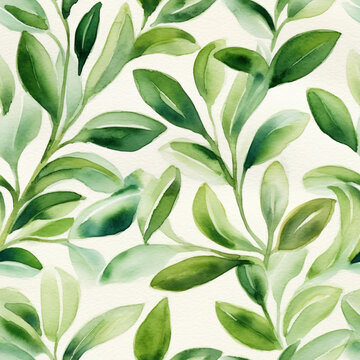 Seamless watercolor floral pattern. Green leaves and branches on white background. Design for print wrapping paper, wallpaper, fabric, card, wedding invitation