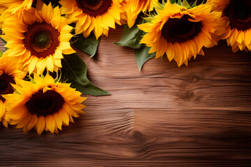 Sunflowers arranged on a wooden board, creating a rustic and charming display of nature's beauty.