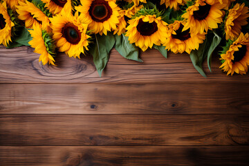 Sunflowers arranged on a wooden board, creating a rustic and charming display of nature's beauty.