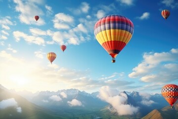 Air travel in vibrant hot air balloons floating between clouds and mountains