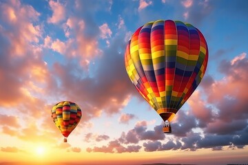 Naklejka premium Vibrant Hot Air Balloons Drifting Through Sunset Cloudscapes